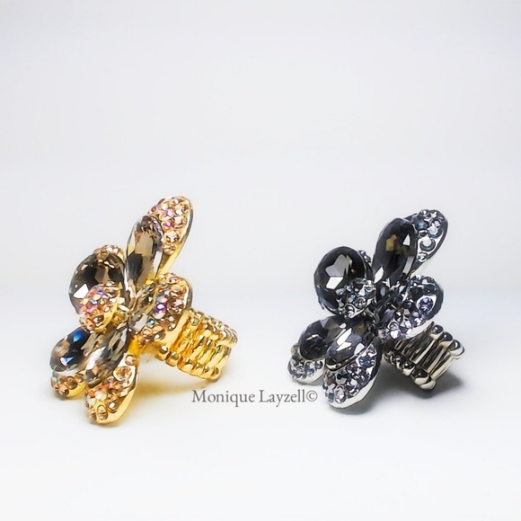 Crystal Flower free size Cocktail Ring Crystal set - Picture 2 of 3